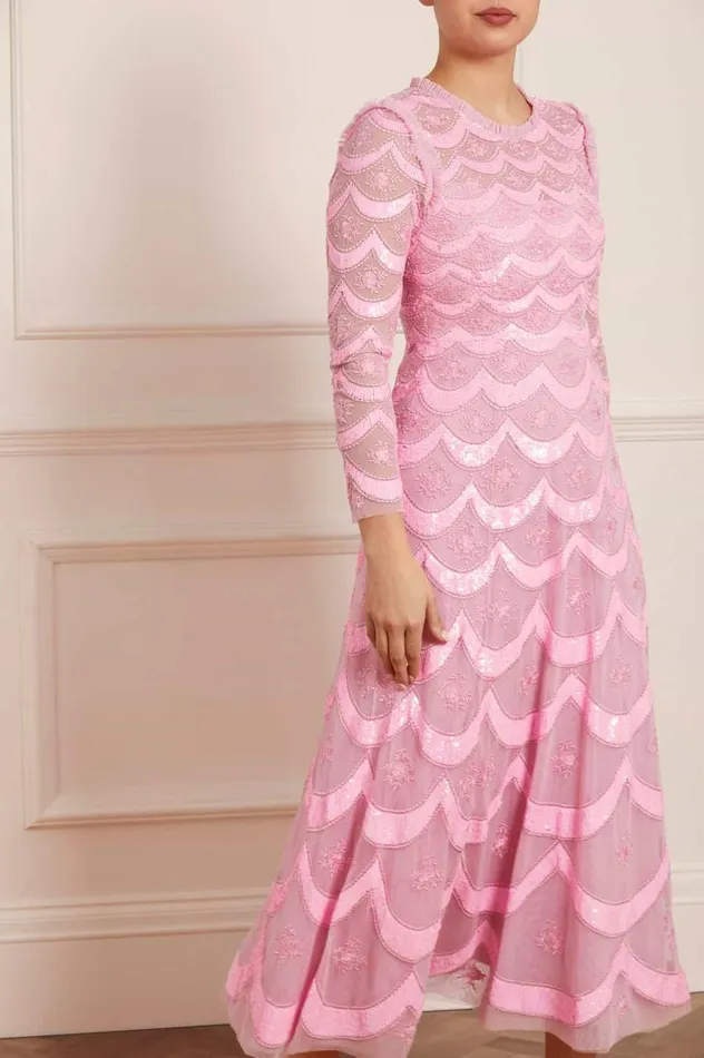 Women Embellished Dresses Needle and Thread Fifi Long Sleeve Ankle Gown Pink
