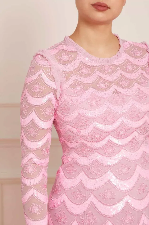 Women Embellished Dresses Needle and Thread Fifi Long Sleeve Ankle Gown Pink