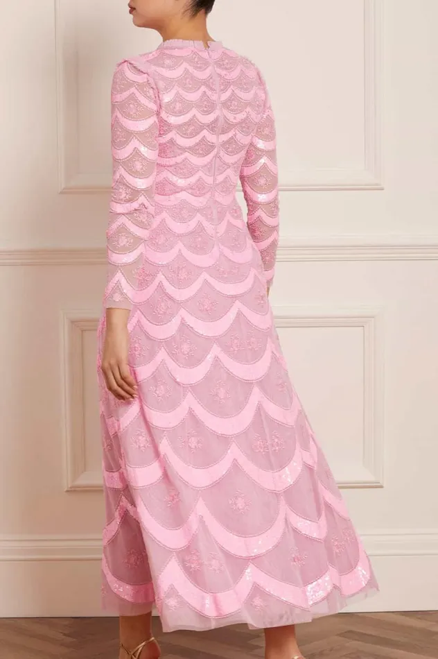 Women Embellished Dresses Needle and Thread Fifi Long Sleeve Ankle Gown Pink