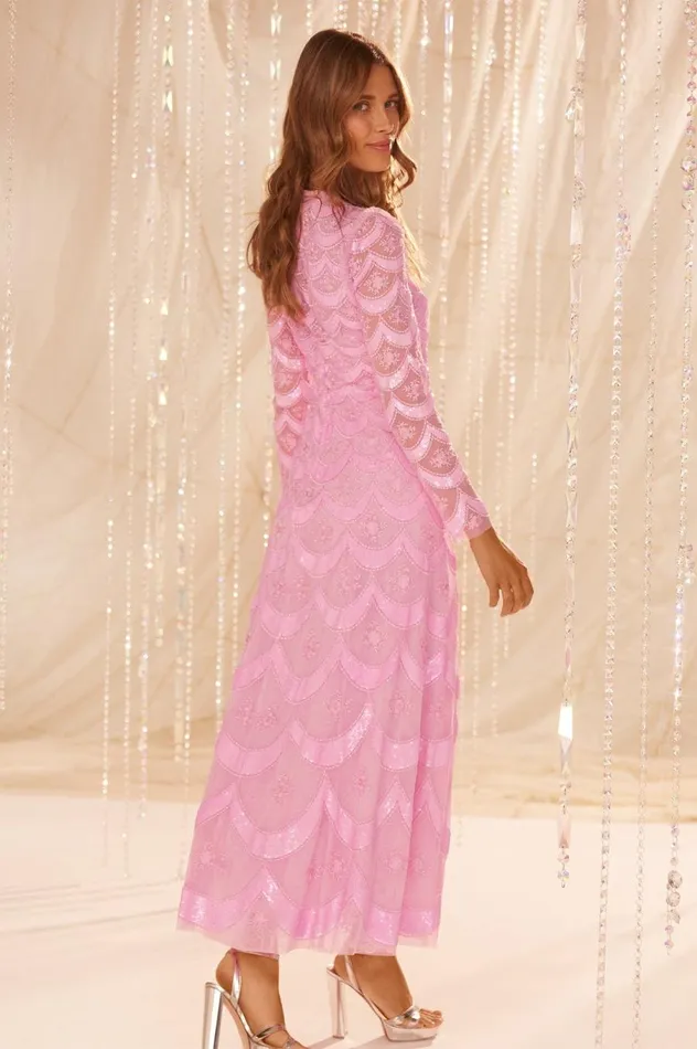 Women Embellished Dresses Needle and Thread Fifi Long Sleeve Ankle Gown Pink