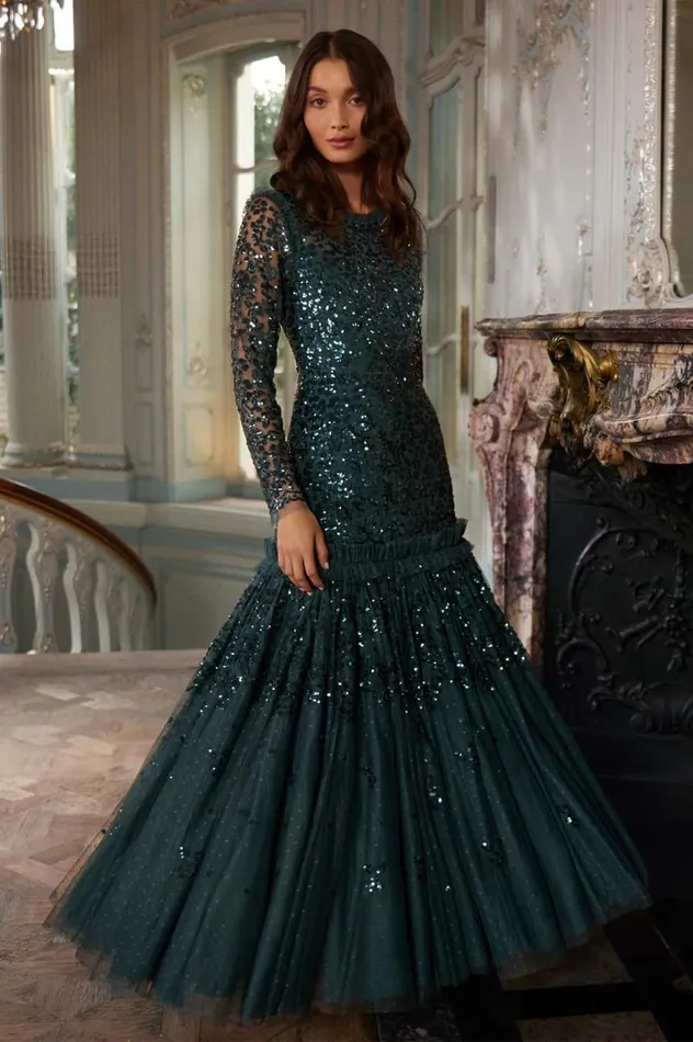 Women Embellished Dresses Needle and Thread Regal Rose Long Sleeve Gown Green