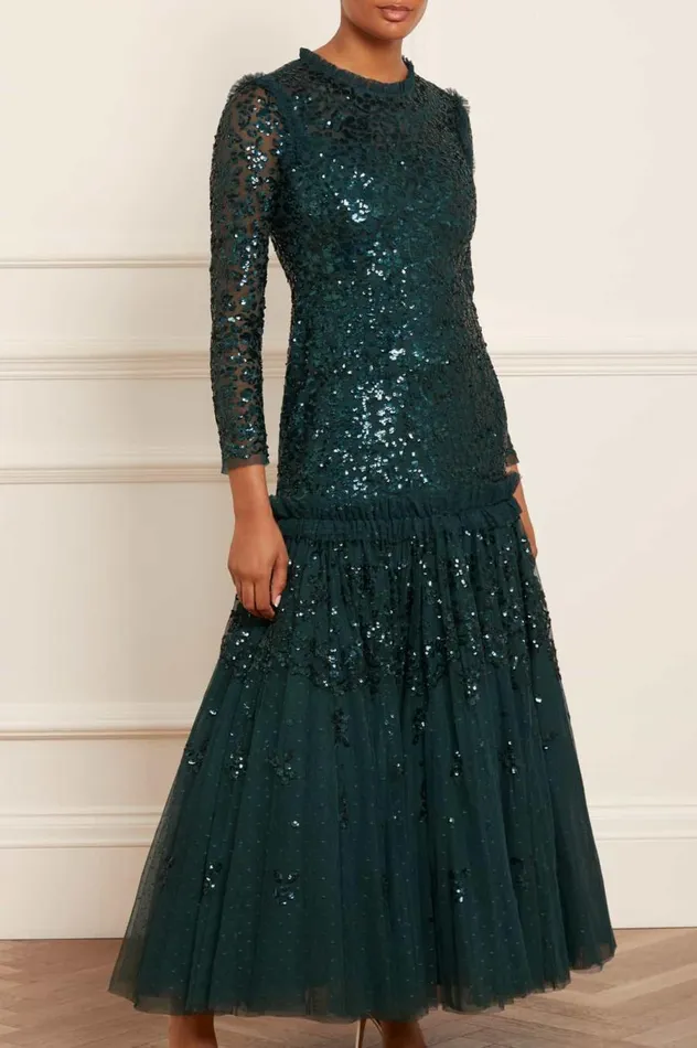 Women Embellished Dresses Needle and Thread Regal Rose Long Sleeve Gown Green