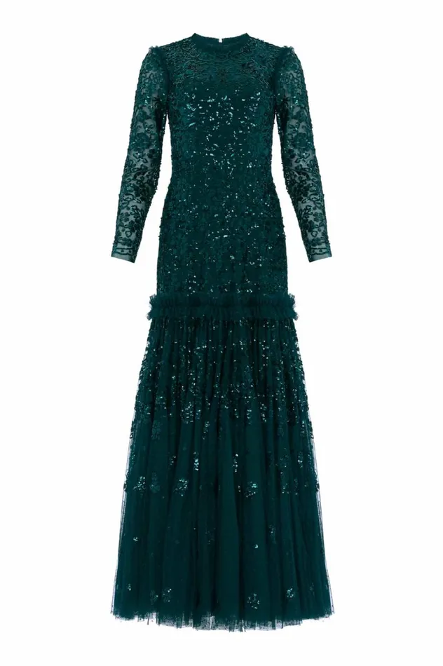 Women Embellished Dresses Needle and Thread Regal Rose Long Sleeve Gown Green