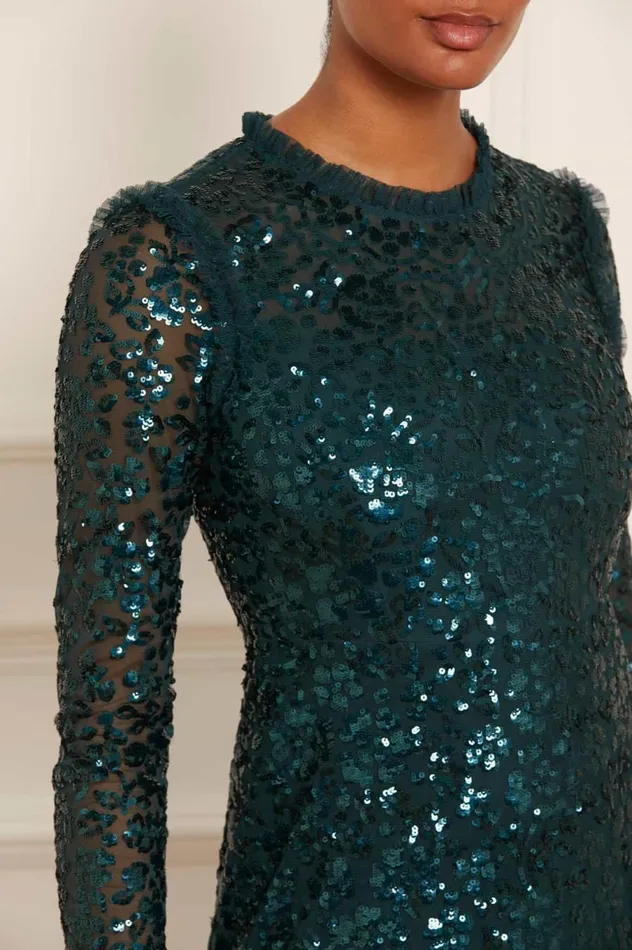 Women Embellished Dresses Needle and Thread Regal Rose Long Sleeve Gown Green