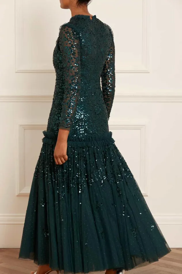 Women Embellished Dresses Needle and Thread Regal Rose Long Sleeve Gown Green