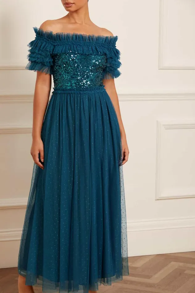 Women Embellished Dresses Needle and Thread Sequin Wreath Bodice OffShoulder Ankle Gown Blue Women Embellished Dresses Needle and Thread Sequin Wreath Bodice OffShoulder Ankle Gown Blue