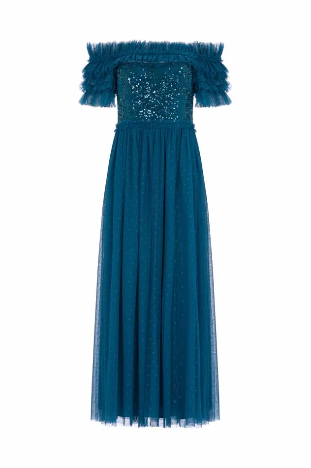 Women Embellished Dresses Needle and Thread Sequin Wreath Bodice OffShoulder Ankle Gown Blue