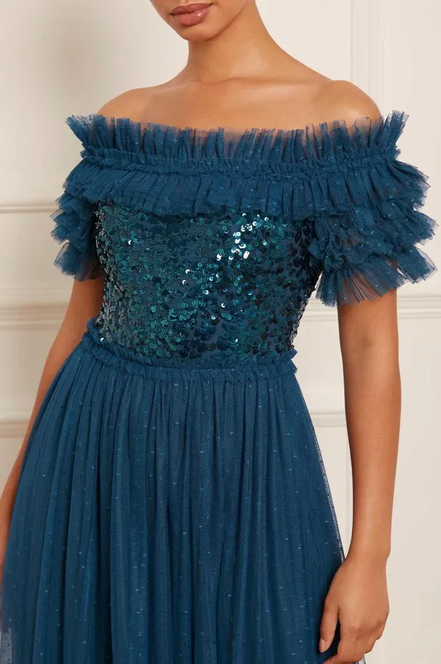 Women Embellished Dresses Needle and Thread Sequin Wreath Bodice OffShoulder Ankle Gown Blue