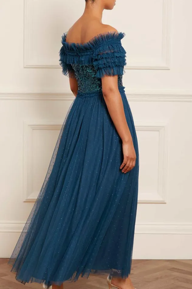 Women Embellished Dresses Needle and Thread Sequin Wreath Bodice OffShoulder Ankle Gown Blue