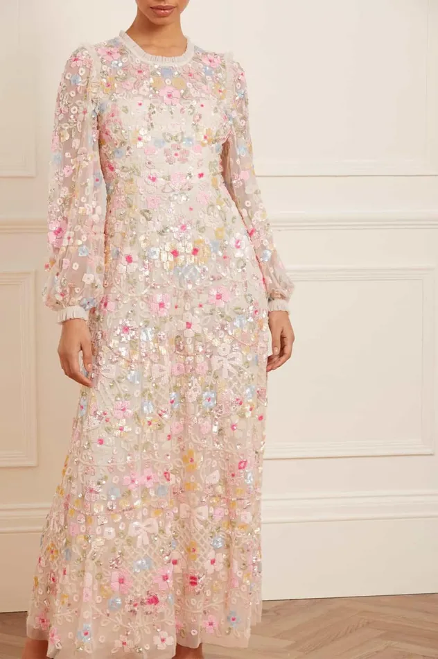 Women Embellished Dresses Needle and Thread Shimmer Fairytale Ankle Gown Champagne