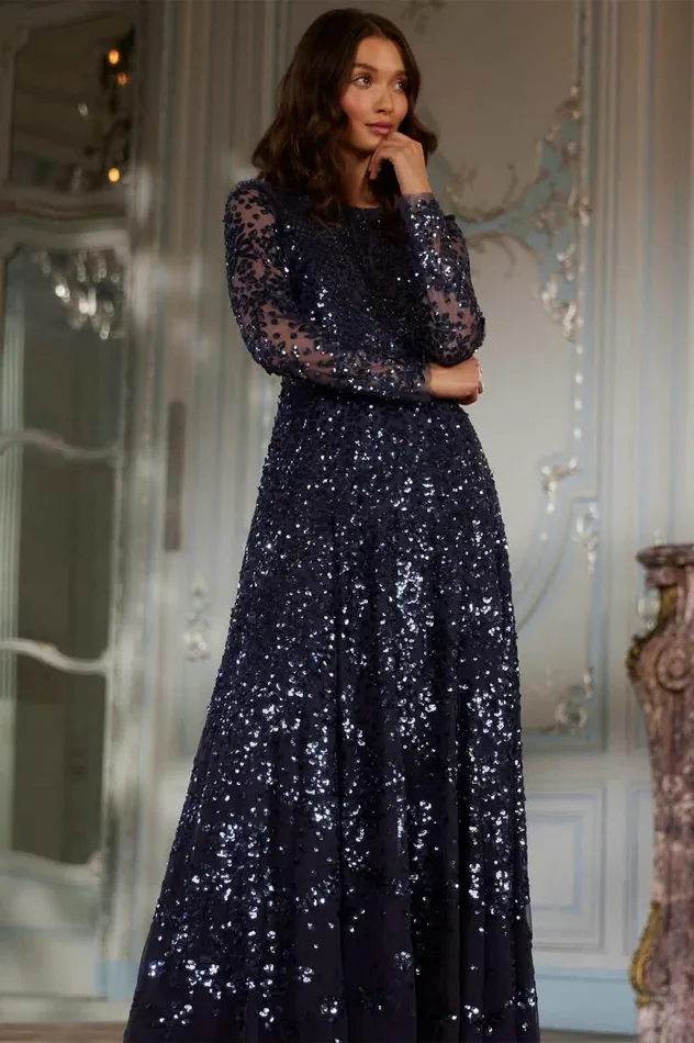 Women Embellished Dresses Needle and Thread Victorian Wreath Long Sleeve Gown Blue