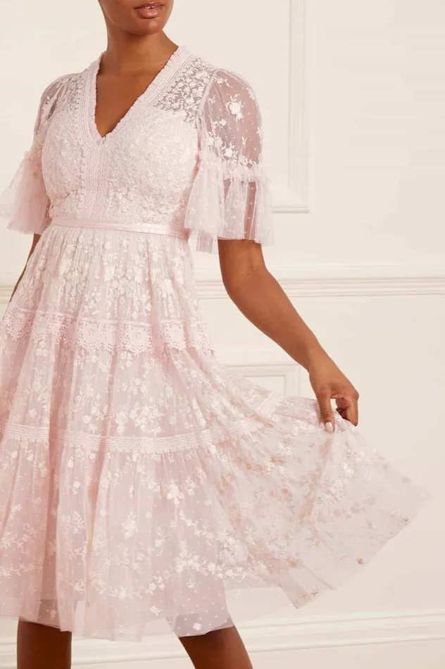Women Embroidered Dresses Needle and Thread Araminta Lace Midi Dress Pink