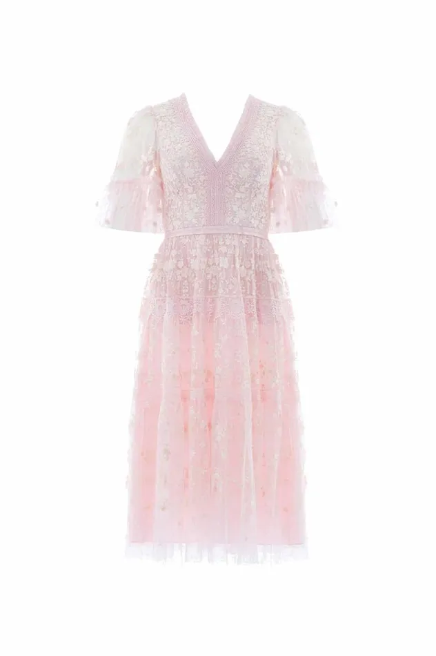 Women Embroidered Dresses Needle and Thread Araminta Lace Midi Dress Pink