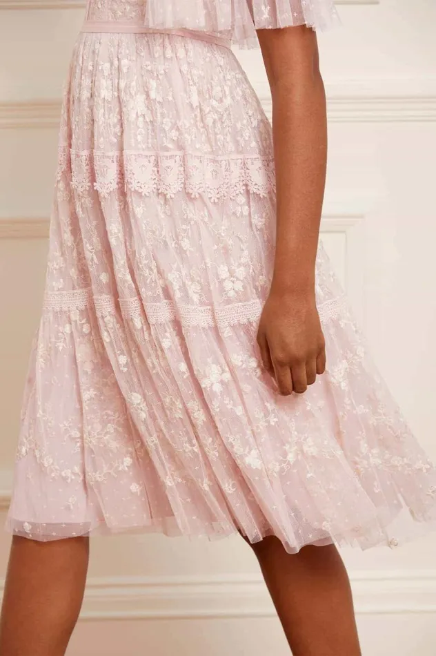 Women Embroidered Dresses Needle and Thread Araminta Lace Midi Dress Pink