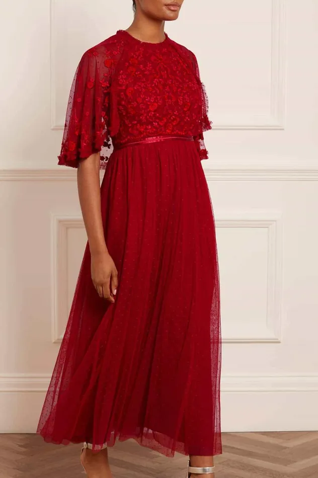 Women Embroidered Dresses Needle and Thread Bonnie Bow Bodice Ankle Gown Red