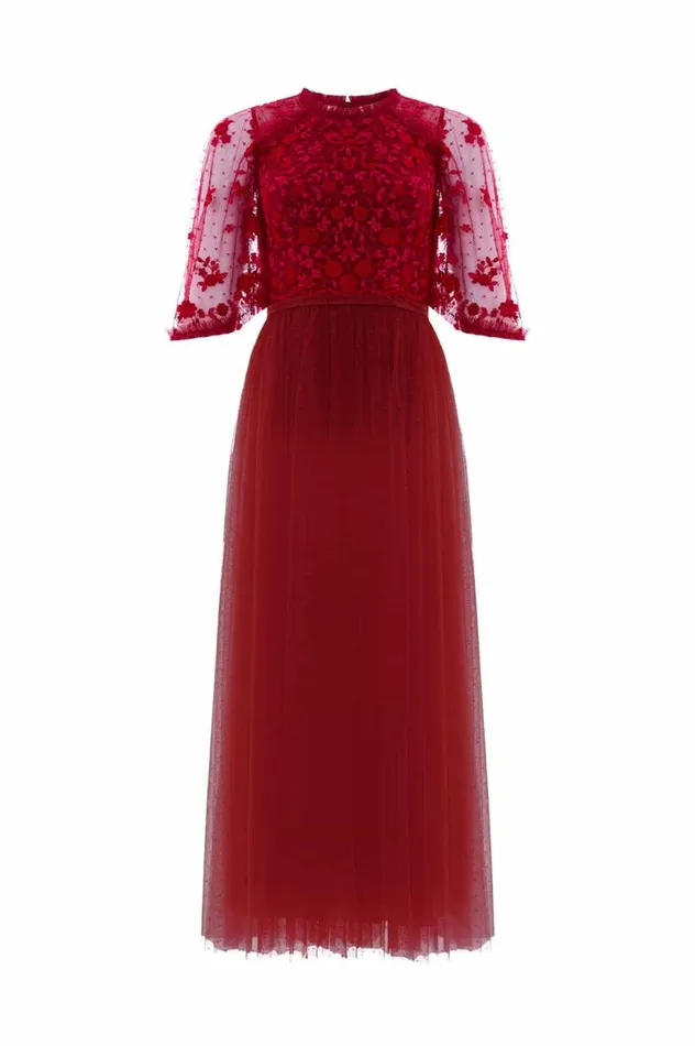 Women Embroidered Dresses Needle and Thread Bonnie Bow Bodice Ankle Gown Red
