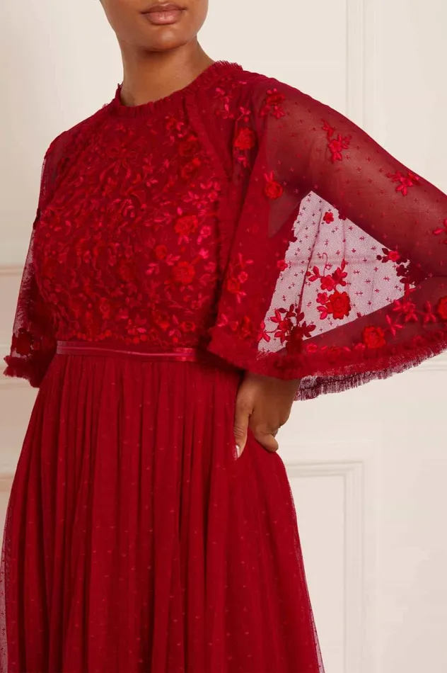 Women Embroidered Dresses Needle and Thread Bonnie Bow Bodice Ankle Gown Red
