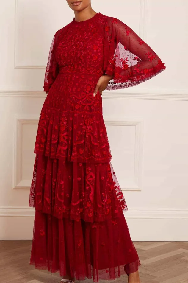 Women Embroidered Dresses Needle and Thread Bonnie Bow Gown Red