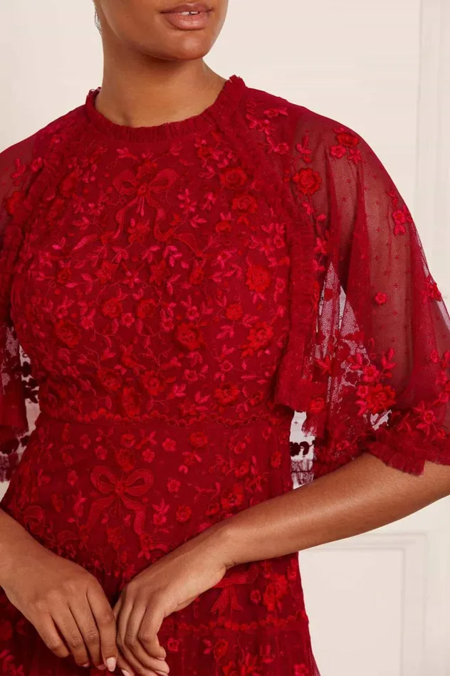Women Embroidered Dresses Needle and Thread Bonnie Bow Gown Red