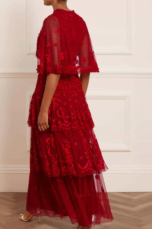 Women Embroidered Dresses Needle and Thread Bonnie Bow Gown Red