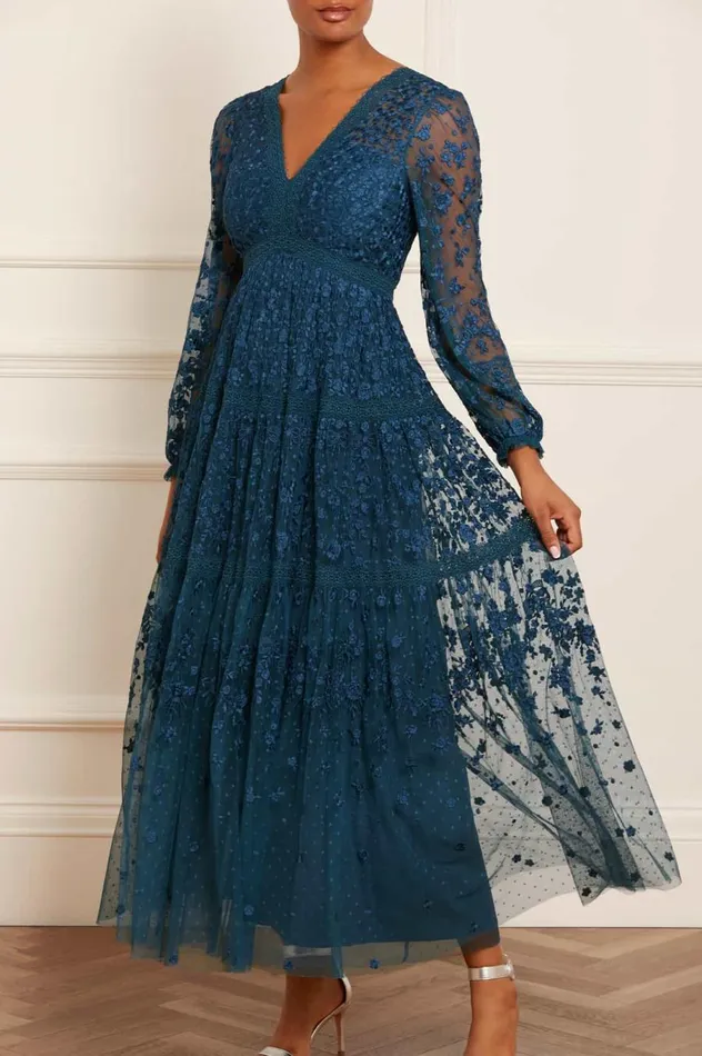 Women Embroidered Dresses Needle and Thread Celestia Ribbon Ankle Gown Blue