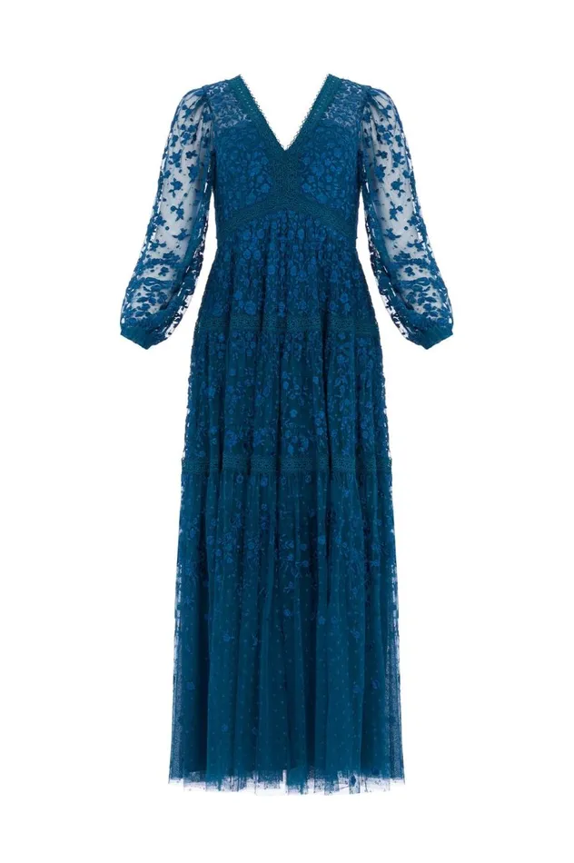Women Embroidered Dresses Needle and Thread Celestia Ribbon Ankle Gown Blue