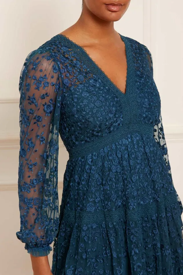 Women Embroidered Dresses Needle and Thread Celestia Ribbon Ankle Gown Blue