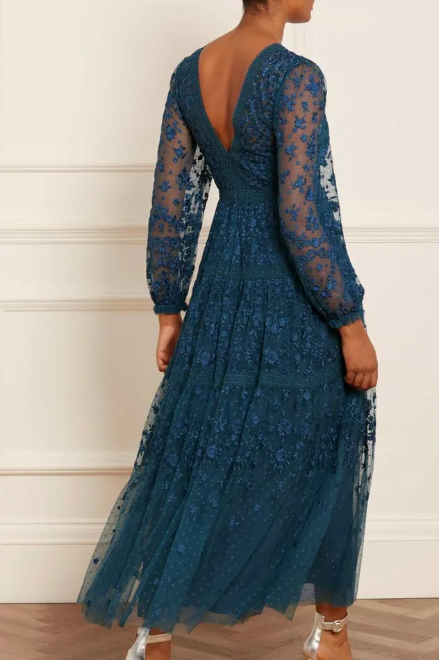 Women Embroidered Dresses Needle and Thread Celestia Ribbon Ankle Gown Blue