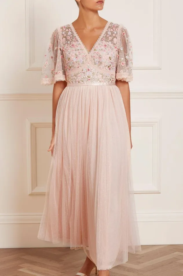 Women Embroidered Dresses Needle and Thread Ribbon Bouquet Bodice Ankle Gown Pink