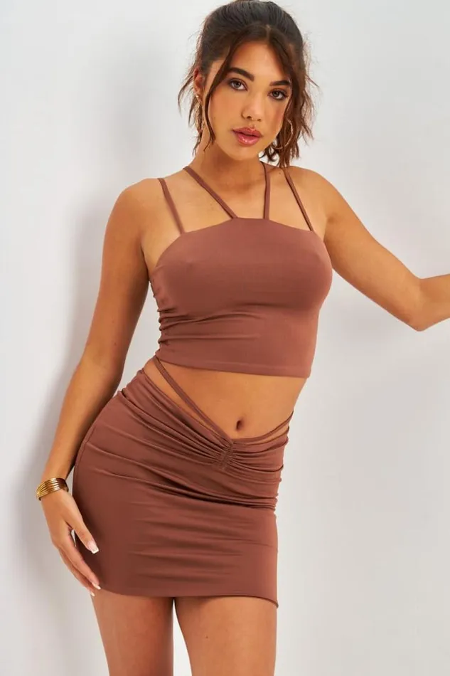 Women Ensemble 2 Pices Crop Top Jupe Cordon Marron Brentiny Paris Crop Tops