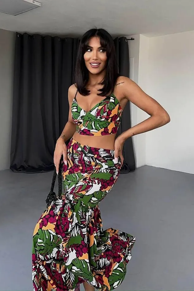 Women Ensemble 2 Pices Crop Top Jupe Fleurie Colore Green Brentiny Paris Skirts