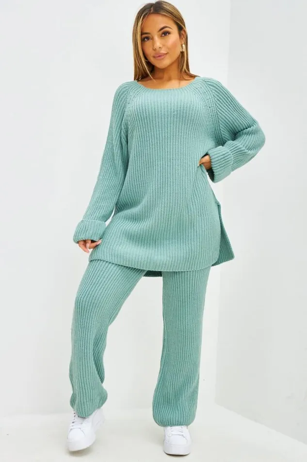 Women Ensemble 2 Pices Pull Long Pantalon En Grosses Mailles Vert D039eau Green Brentiny Paris Sweaters and Sweatshirts