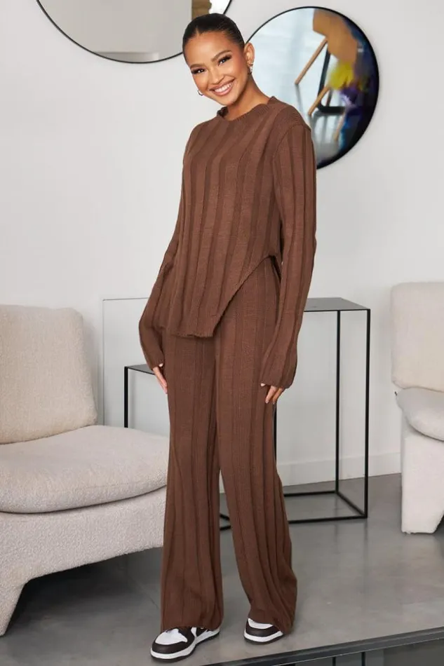 Women Ensemble 2 Pices Pull Pantalon En Maille Marron Brown Brentiny Paris White Tops