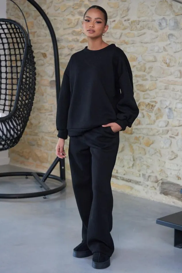 Women Ensemble 2 Pices Sweat Jogging Noir Black Brentiny Paris White Tops