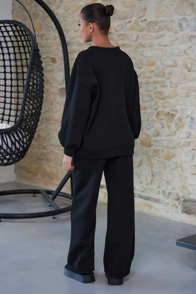Women Ensemble 2 Pices Sweat Jogging Noir Black Brentiny Paris White Tops