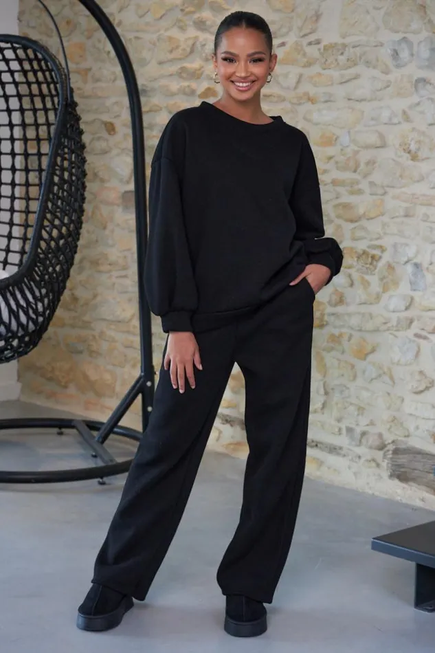 Women Ensemble 2 Pices Sweat Jogging Noir Black Brentiny Paris White Tops