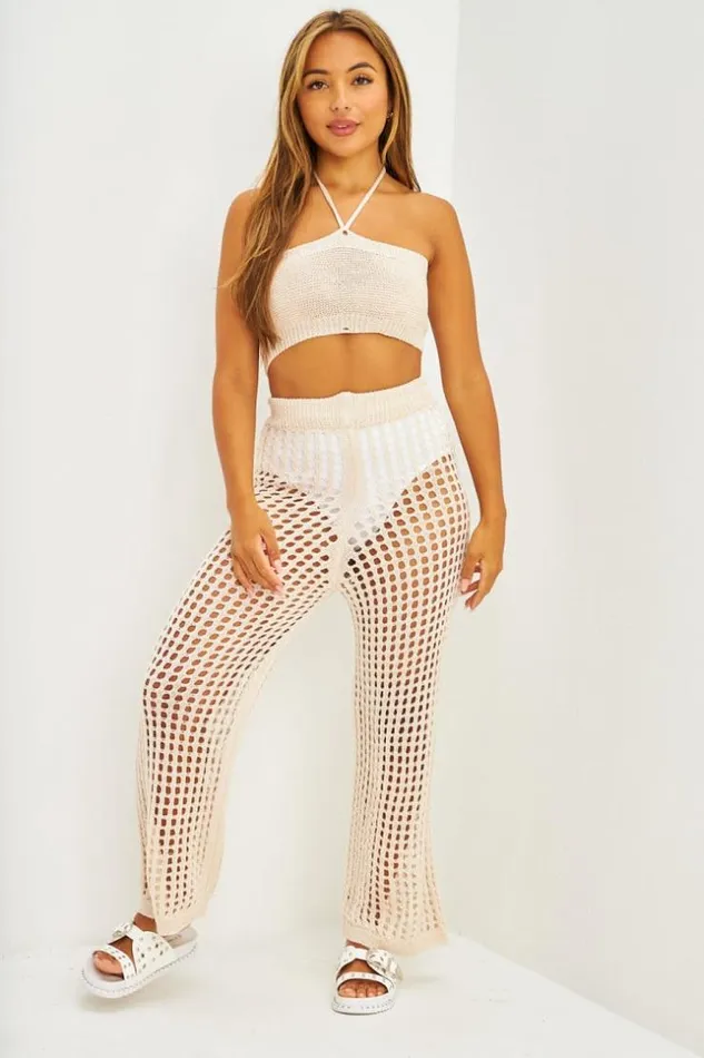 Women Ensemble Top Bandeau Pantalon En Maille Ajoure Beige Beige Brentiny Paris Crop Tops Women Ensemble Top Bandeau Pantalon En Maille Ajoure Beige Beige Brentiny Paris Crop Tops