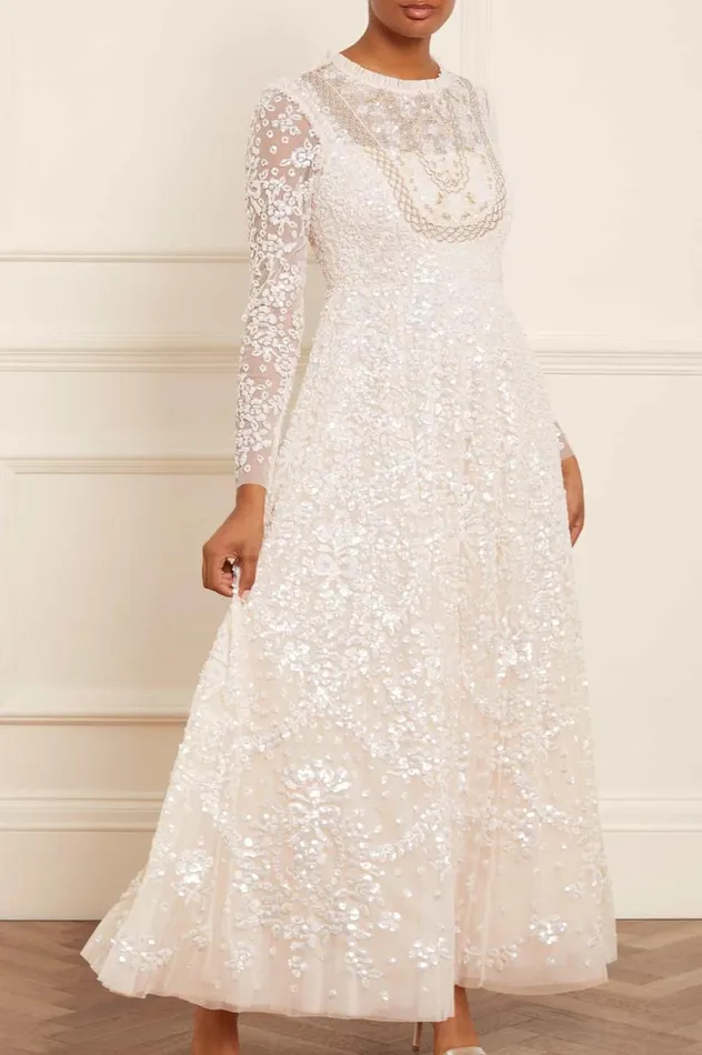 Women Evening Dresses Needle and Thread Victorian Wreath Gloss Long Sleeve Gown Champagne