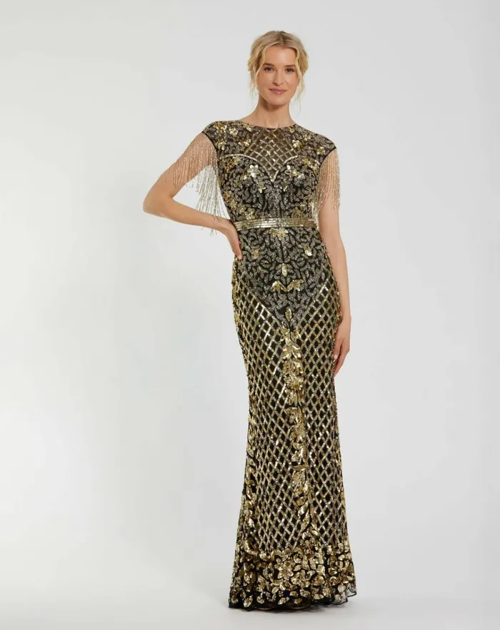 Women Evening Gowns Mac Duggal Black High Neck Sleeveless Beaded Fringe Fitted Gown Black Gold Women Evening Gowns Mac Duggal Black High Neck Sleeveless Beaded Fringe Fitted Gown Black Gold