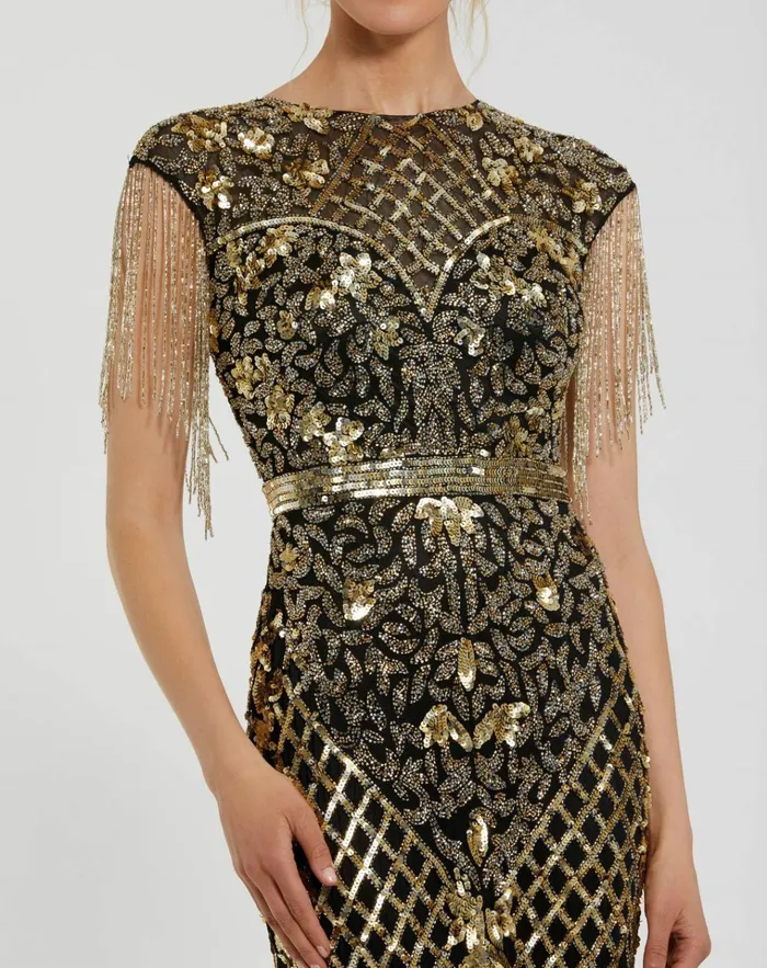Women Evening Gowns Mac Duggal Black High Neck Sleeveless Beaded Fringe Fitted Gown Black Gold