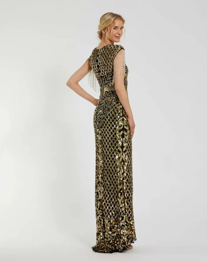 Women Evening Gowns Mac Duggal Black High Neck Sleeveless Beaded Fringe Fitted Gown Black Gold