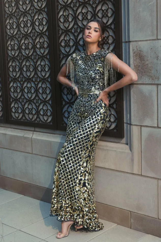 Women Evening Gowns Mac Duggal Black High Neck Sleeveless Beaded Fringe Fitted Gown Black Gold