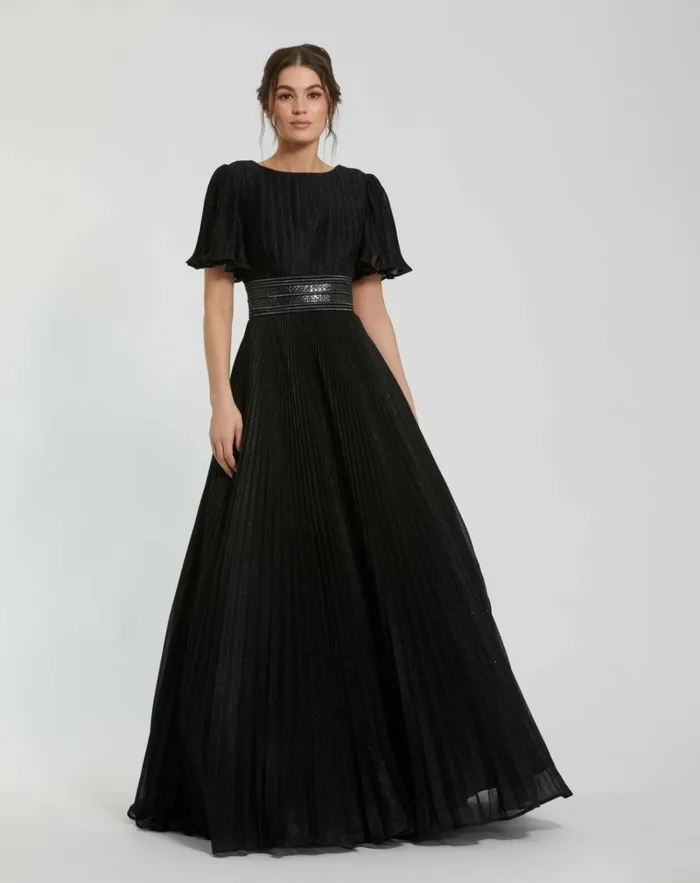 Women Evening Gowns Mac Duggal Black Pleated Shimmering Georgette Flutter Sleeve Gown Black Women Evening Gowns Mac Duggal Black Pleated Shimmering Georgette Flutter Sleeve Gown Black