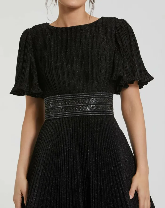 Women Evening Gowns Mac Duggal Black Pleated Shimmering Georgette Flutter Sleeve Gown Black