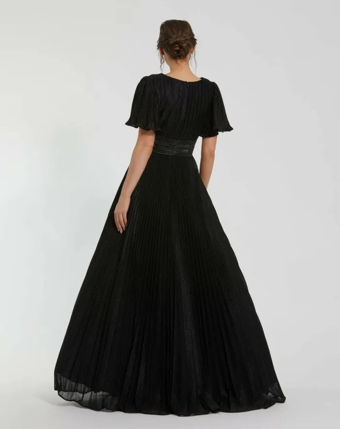 Women Evening Gowns Mac Duggal Black Pleated Shimmering Georgette Flutter Sleeve Gown Black