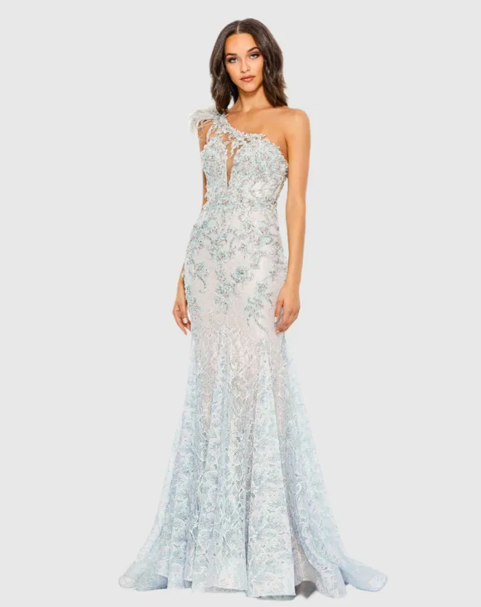 Women Evening Gowns Mac Duggal Embroidered Applique Feathered One Shoulder Trumpet Gown Crystal Blue Women Evening Gowns Mac Duggal Embroidered Applique Feathered One Shoulder Trumpet Gown Crystal Blue