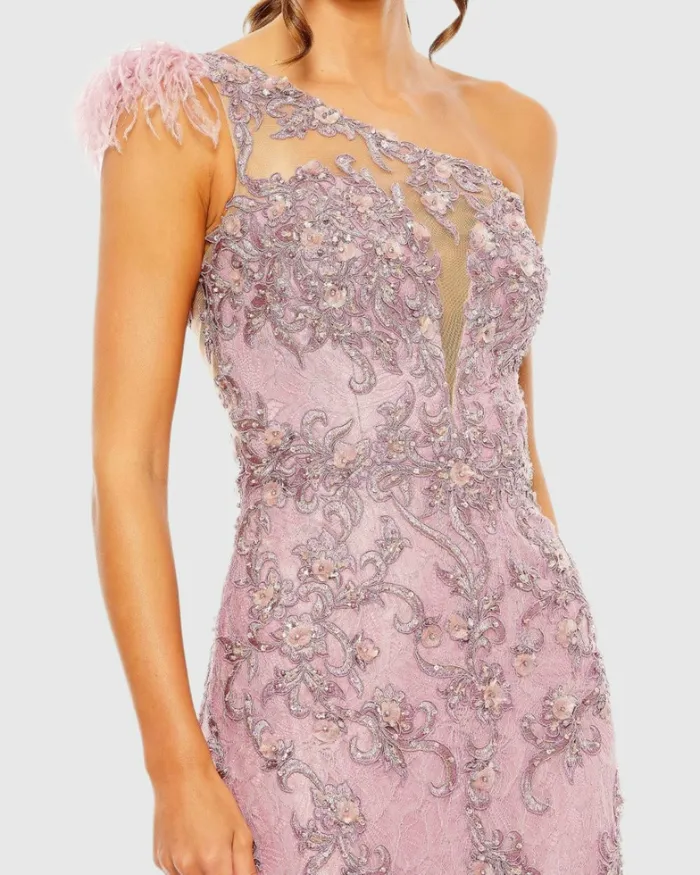 Women Evening Gowns Mac Duggal Embroidered Applique Feathered One Shoulder Trumpet Gown Crystal Blue