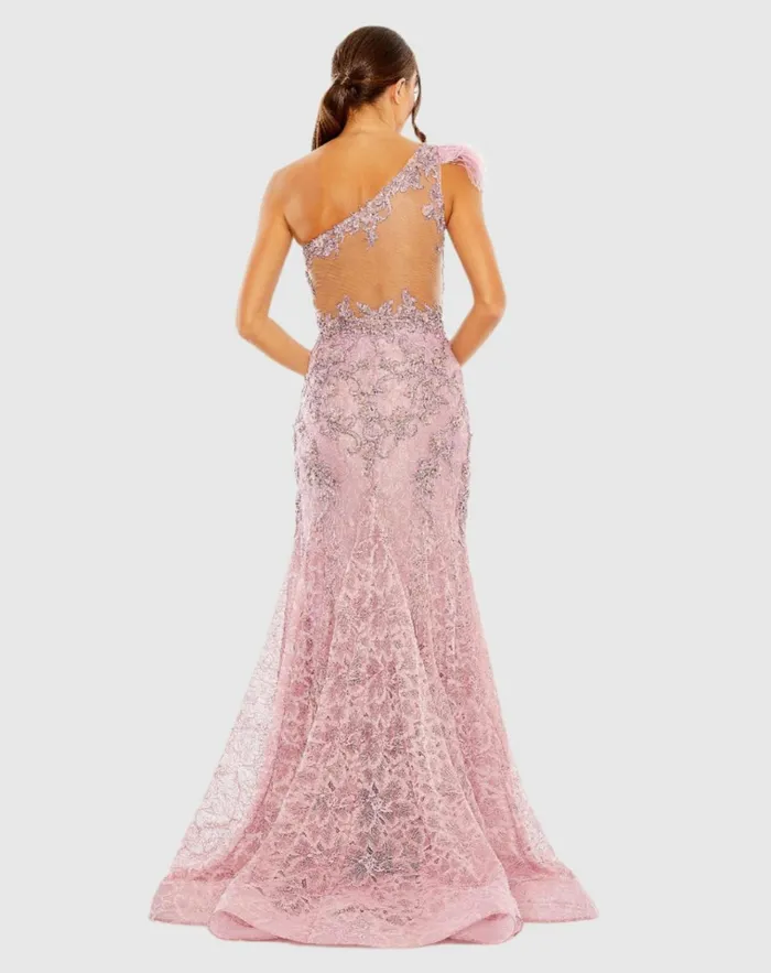 Women Evening Gowns Mac Duggal Embroidered Applique Feathered One Shoulder Trumpet Gown Crystal Blue