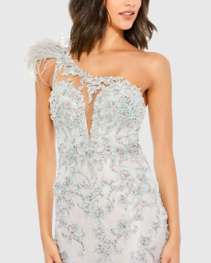 Women Evening Gowns Mac Duggal Embroidered Applique Feathered One Shoulder Trumpet Gown Crystal Blue