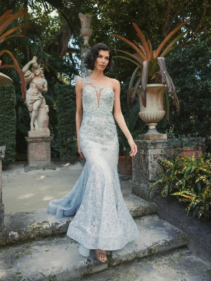Women Evening Gowns Mac Duggal Embroidered Applique Feathered One Shoulder Trumpet Gown Crystal Blue